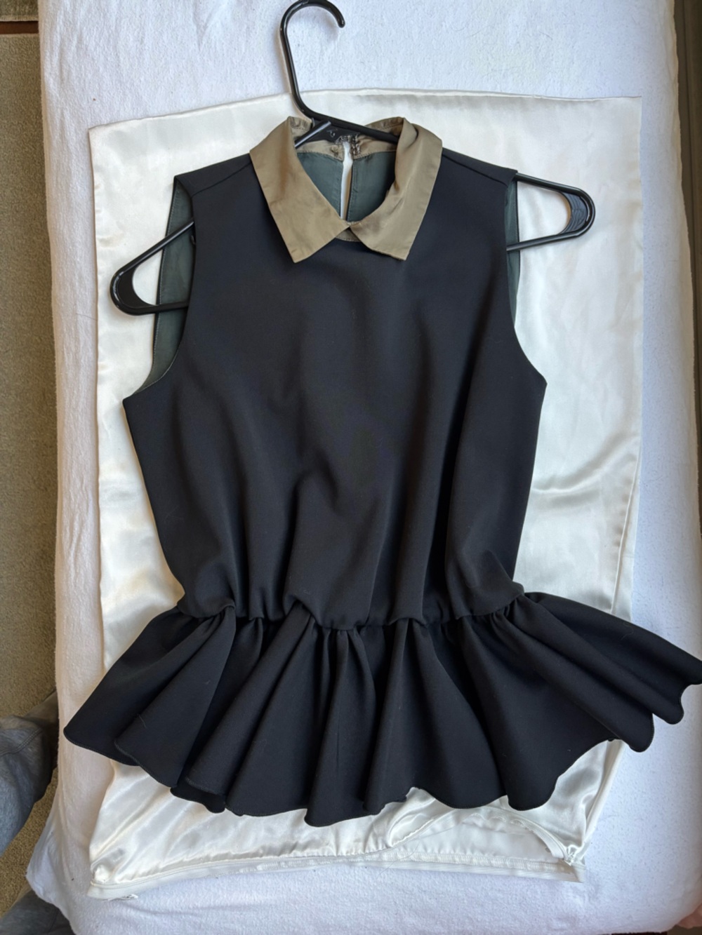 Black Sleeveless Peplum Blouse with Tan Contrast Collar